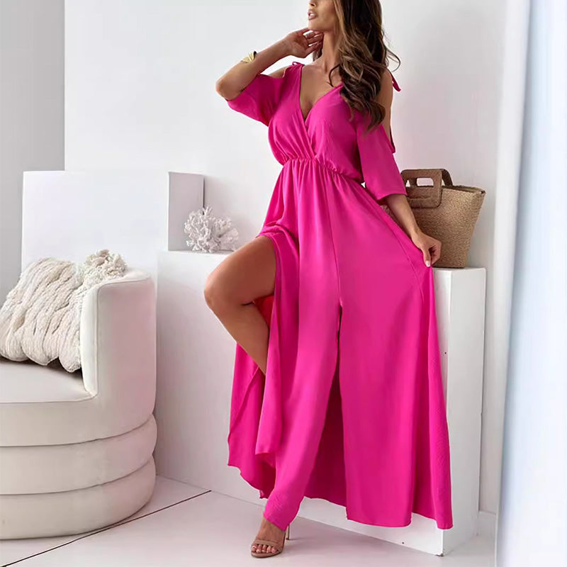 Robe élégante Dellaa à col en V et fente latérale