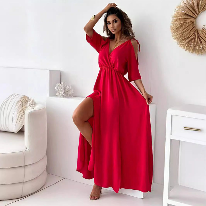 Robe élégante Dellaa à col en V et fente latérale