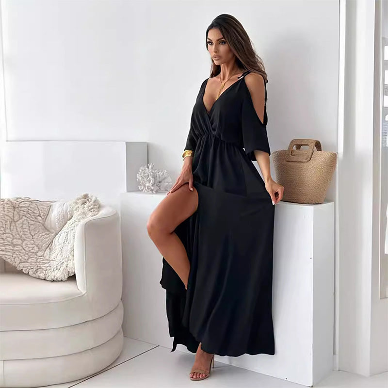 Robe élégante Dellaa à col en V et fente latérale